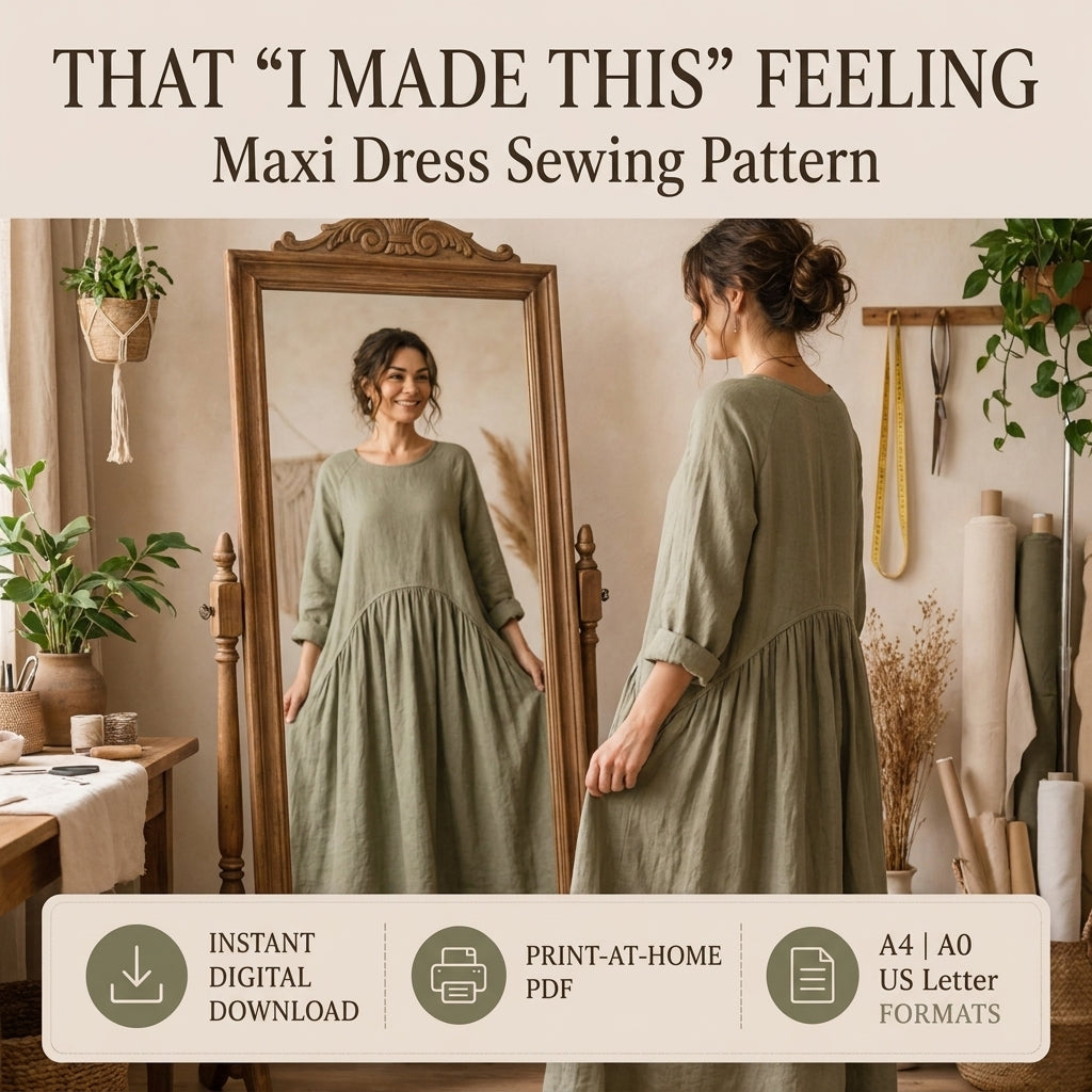 Boho Maxi Dress Sewing Pattern — Oversized Linen Dress with Deep Pockets, No Zips or Buttons, US 6–28W, A0 and A4 PDF