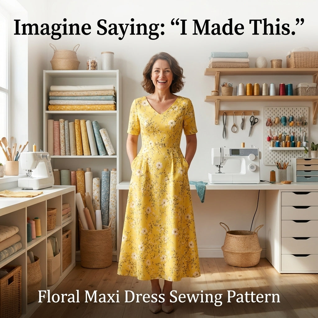 Midi Dress Sewing Pattern — Fitted V-Neck Dress with Flared Skirt and Side Pockets, Sizes XS–3XL, A0 and A4 Layered PDF