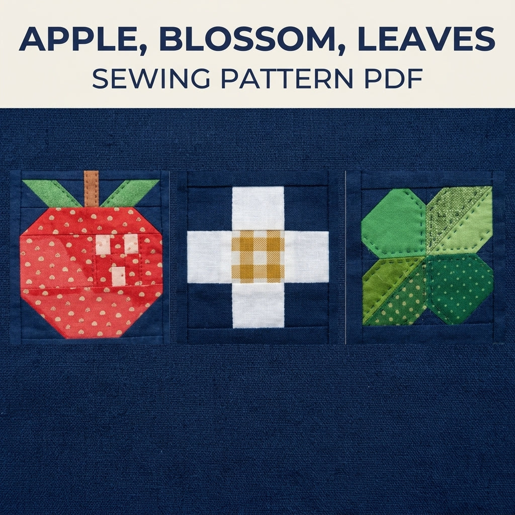 Apple Orchard Quilt Pattern PDF – Pieced Apple and Blossom Block Throw on Navy
