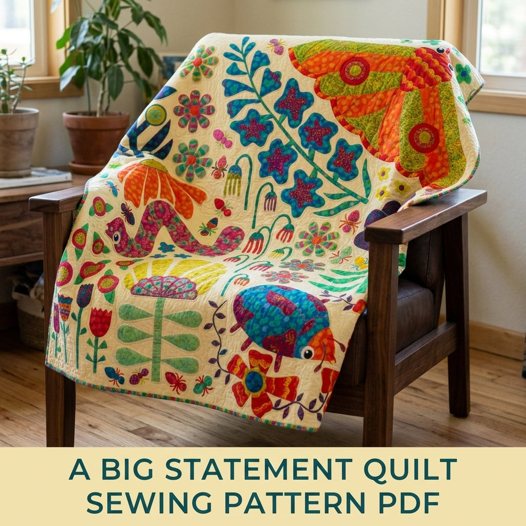 Folk Garden Appliqué Quilt Pattern PDF – Bold Flower and Bug Statement Quilt