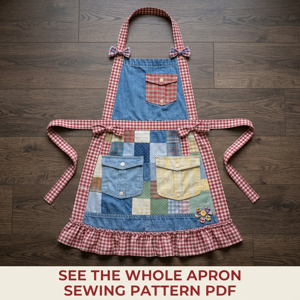 Denim Patchwork Ruffle Apron Sewing Pattern PDF – Upcycled Jeans Apron