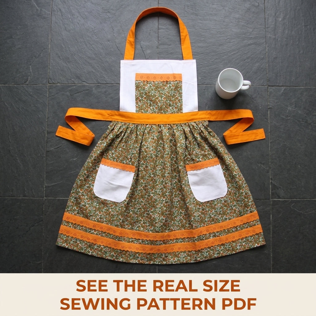 Vintage Orange Trim Apron Sewing Pattern PDF – Retro Full Apron