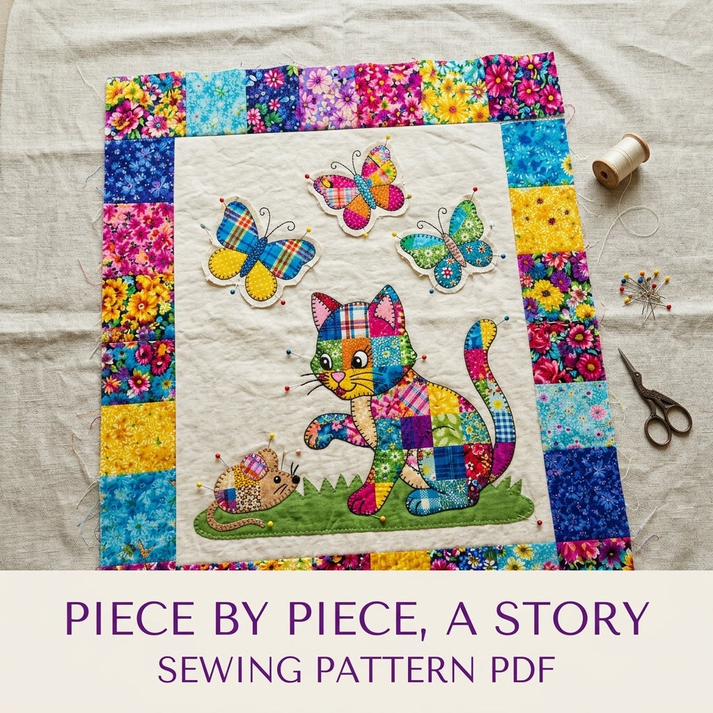 Patchwork Cat and Butterflies Quilt Sewing Pattern PDF – Scrappy Appliqué Quilt