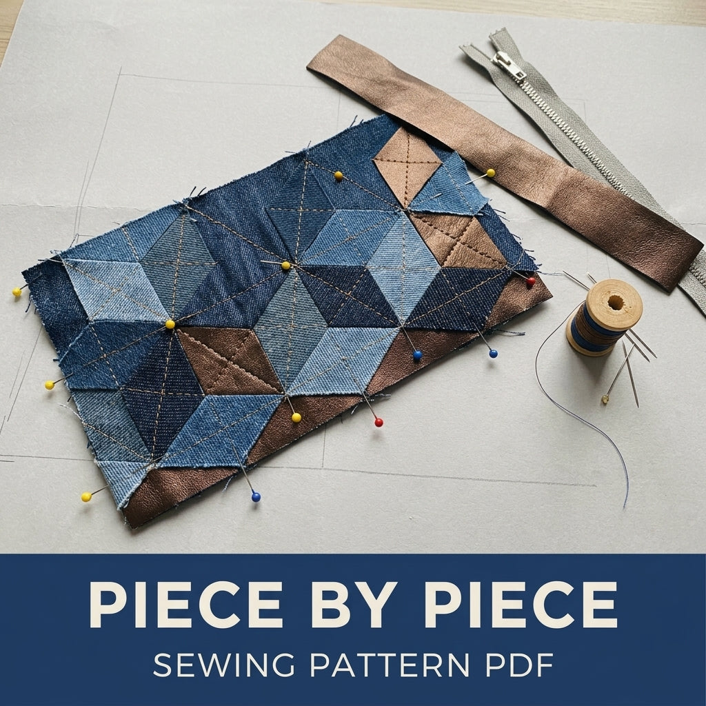 Denim Tumbling  Zip Pouch Sewing Pattern PDF – Tumbling Blocks Patchwork Pouch