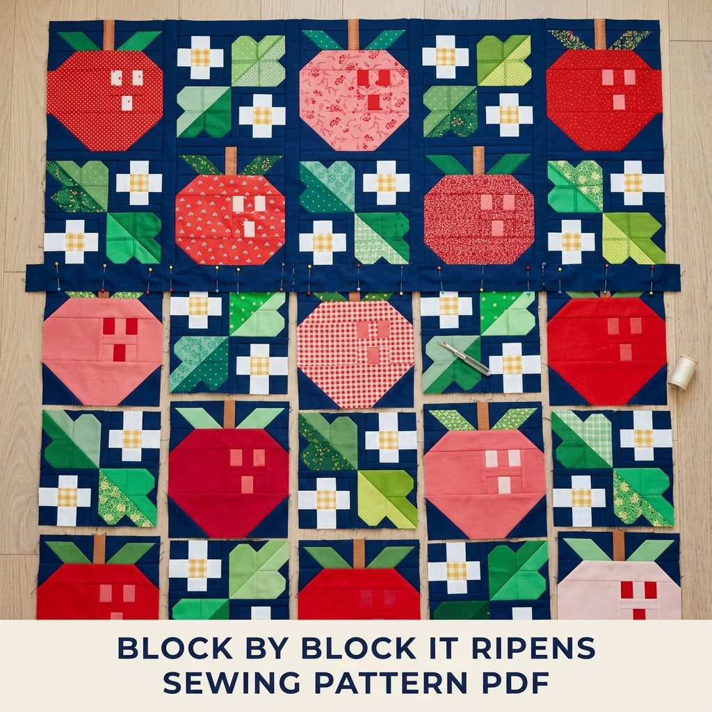 Apple Orchard Quilt Pattern PDF – Pieced Apple and Blossom Block Throw on Navy