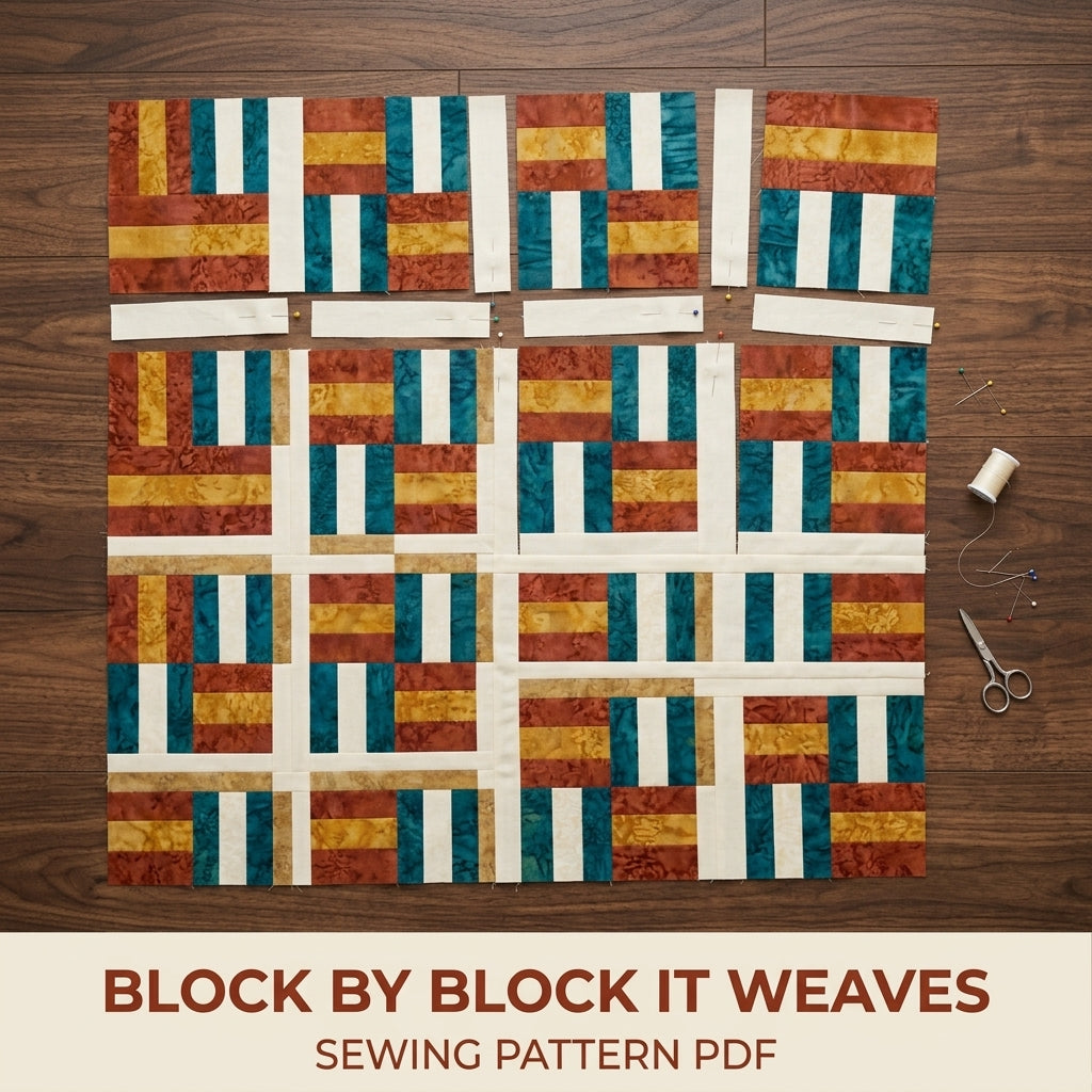 Modern Woven Quilt Pattern PDF – Basket Weave Strip Throw Quilt in Rust, Gold and Teal