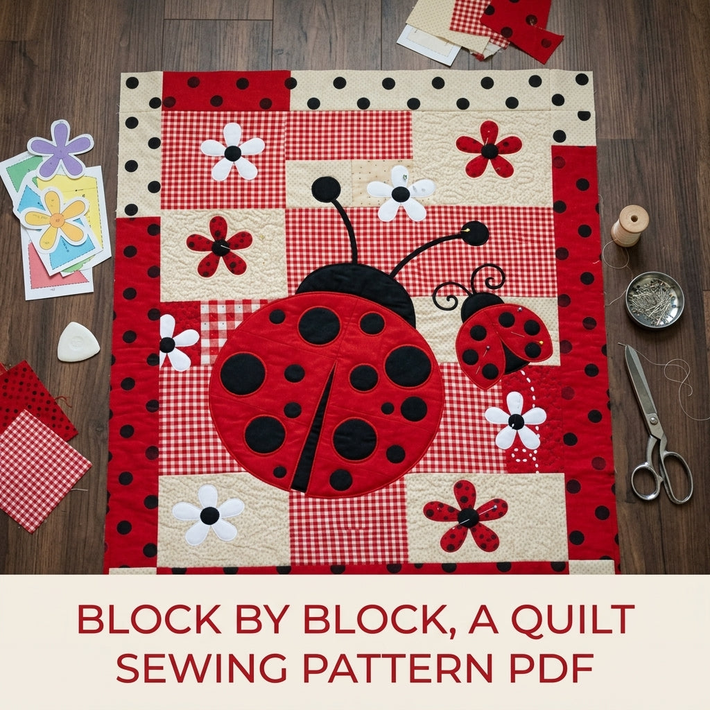Big Ladybug Gingham Quilt Sewing Pattern PDF – Giant Ladybug Appliqué Quilt