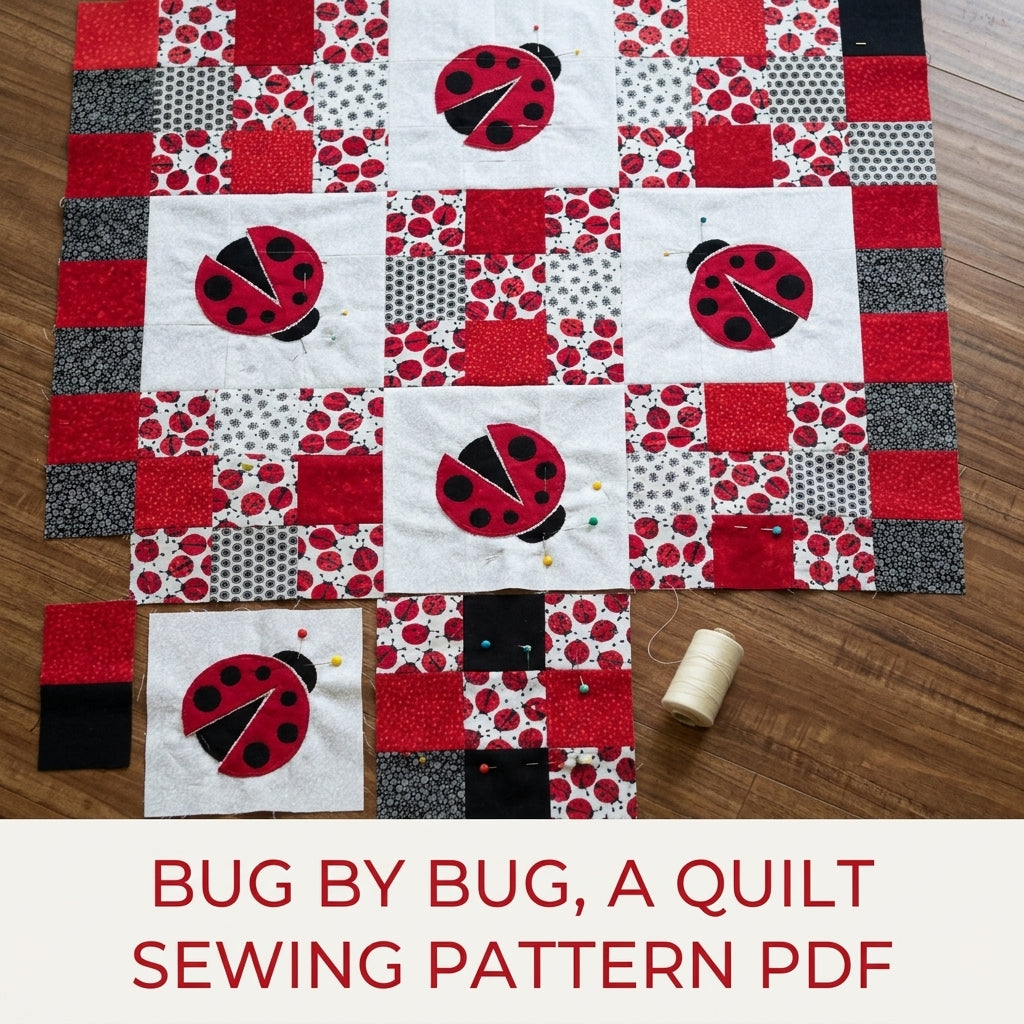 Ladybug Patchwork Quilt Sewing Pattern PDF – Appliqué Ladybug Squares Quilt