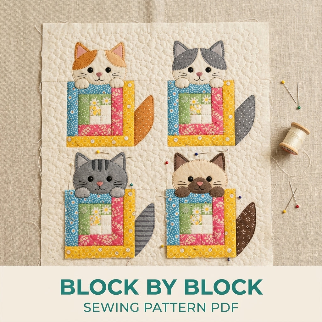 Log Cabin Kitty Mini Quilt Sewing Pattern PDF – Cat Appliqué Wall Quilt