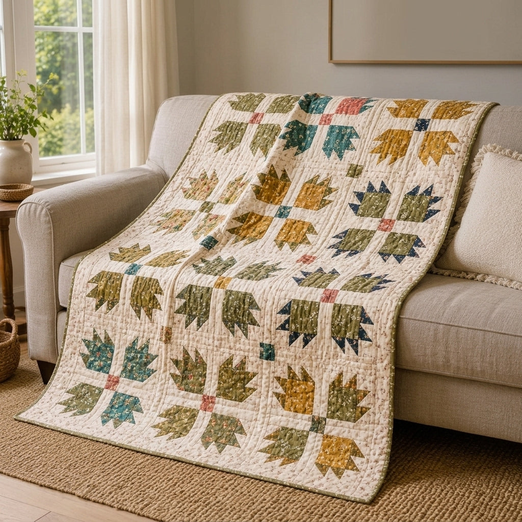 Bear's Paw Quilt Pattern PDF – Traditional Throw Quilt with Earthy Floral Prints