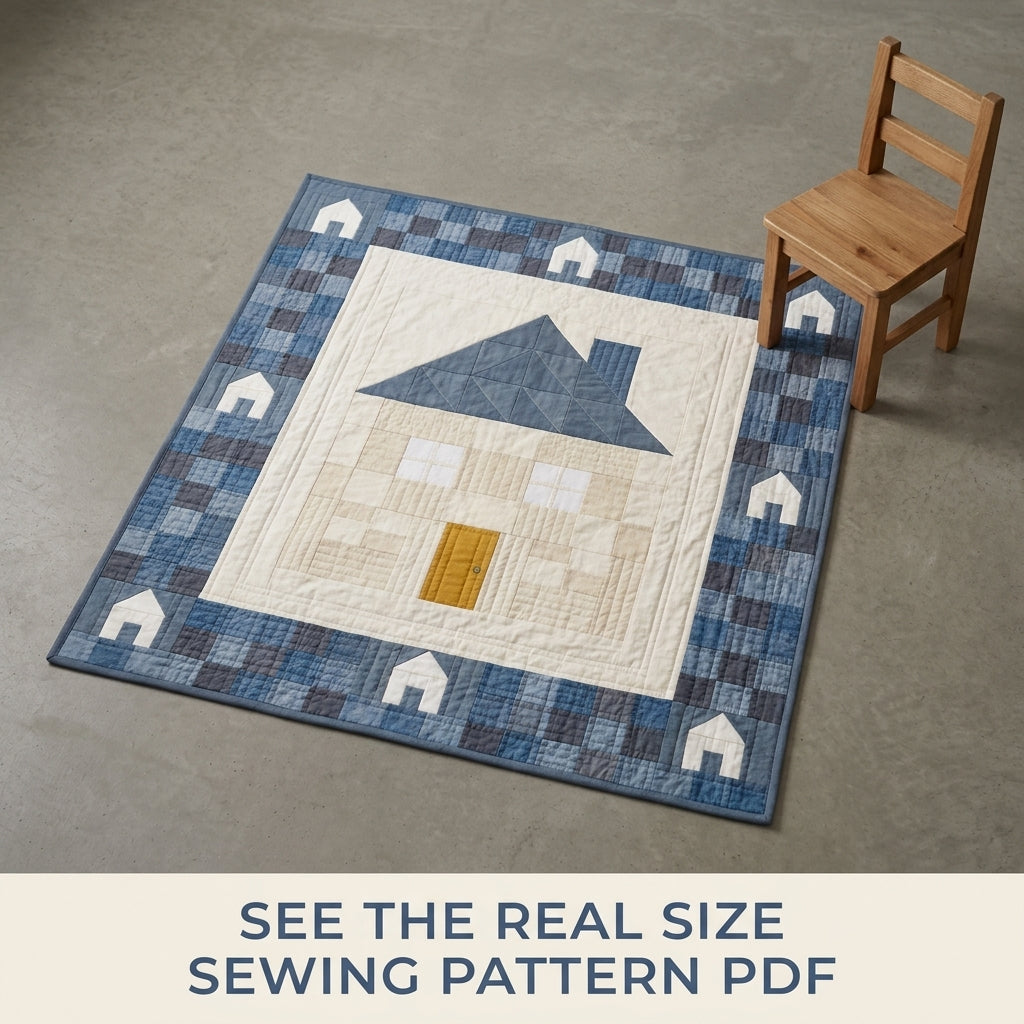 Little House Baby Quilt Pattern PDF – Pieced Nursery Quilt with Blue Checkerboard Border