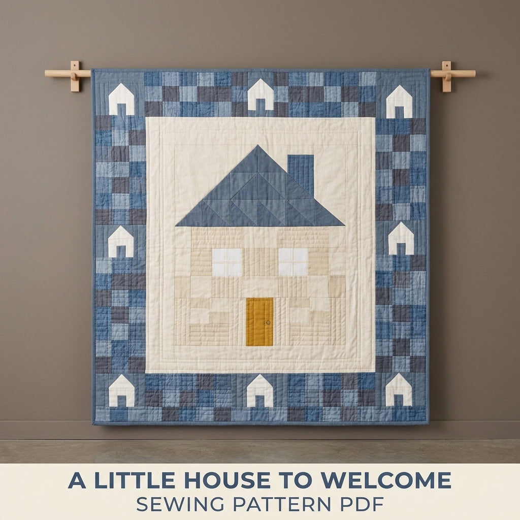 Little House Baby Quilt Pattern PDF – Pieced Nursery Quilt with Blue Checkerboard Border