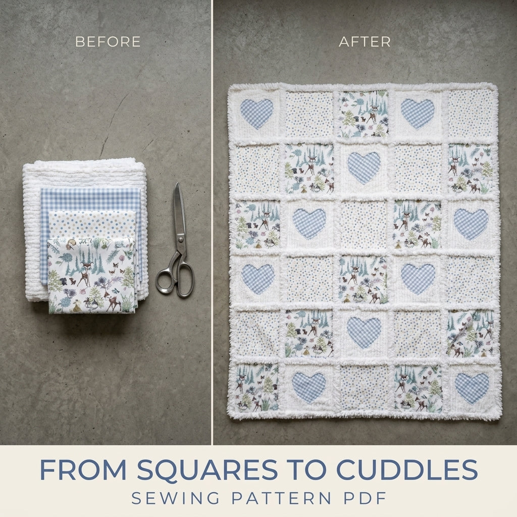 Gingham Heart Chenille Rag Quilt Sewing Pattern PDF – Baby Rag Quilt with Hearts