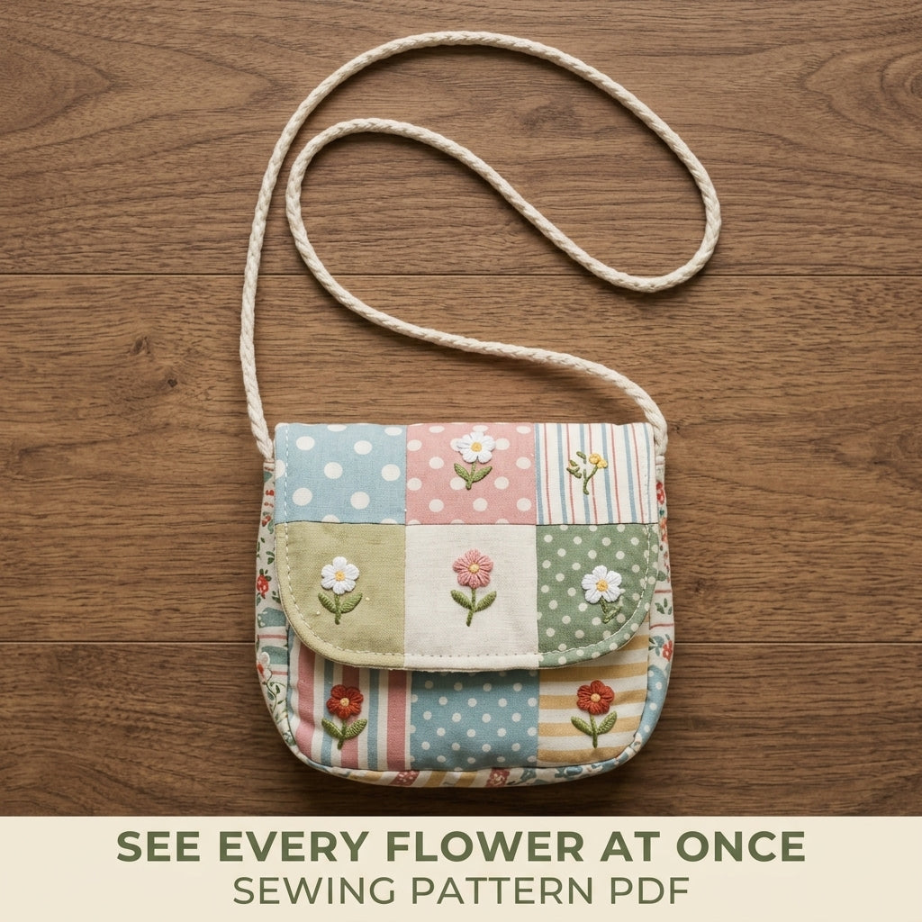 Embroidered Patchwork Flap Bag Sewing Pattern PDF – Small Crossbody with Flowers