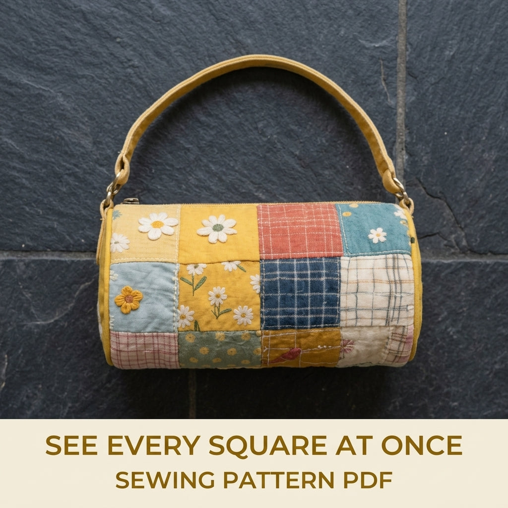 Daisy Patchwork Barrel Bag Sewing Pattern PDF – Quilted Cylinder Handbag with Zip