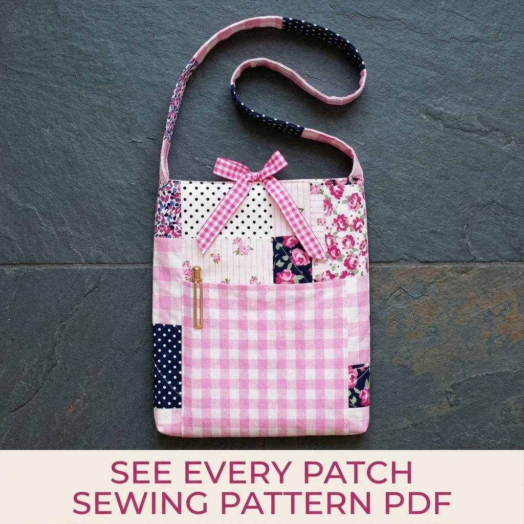 Pink Patchwork Pocket Tote Sewing Pattern PDF – Floral Tote with Gingham Pocket