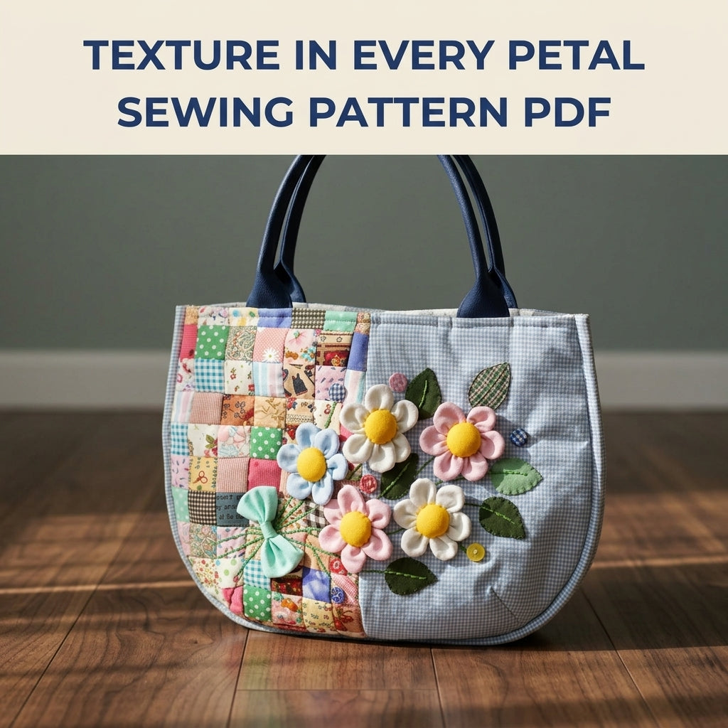 Half Patchwork Flower Tote Sewing Pattern PDF – Half Moon Bag with 3D Flowers