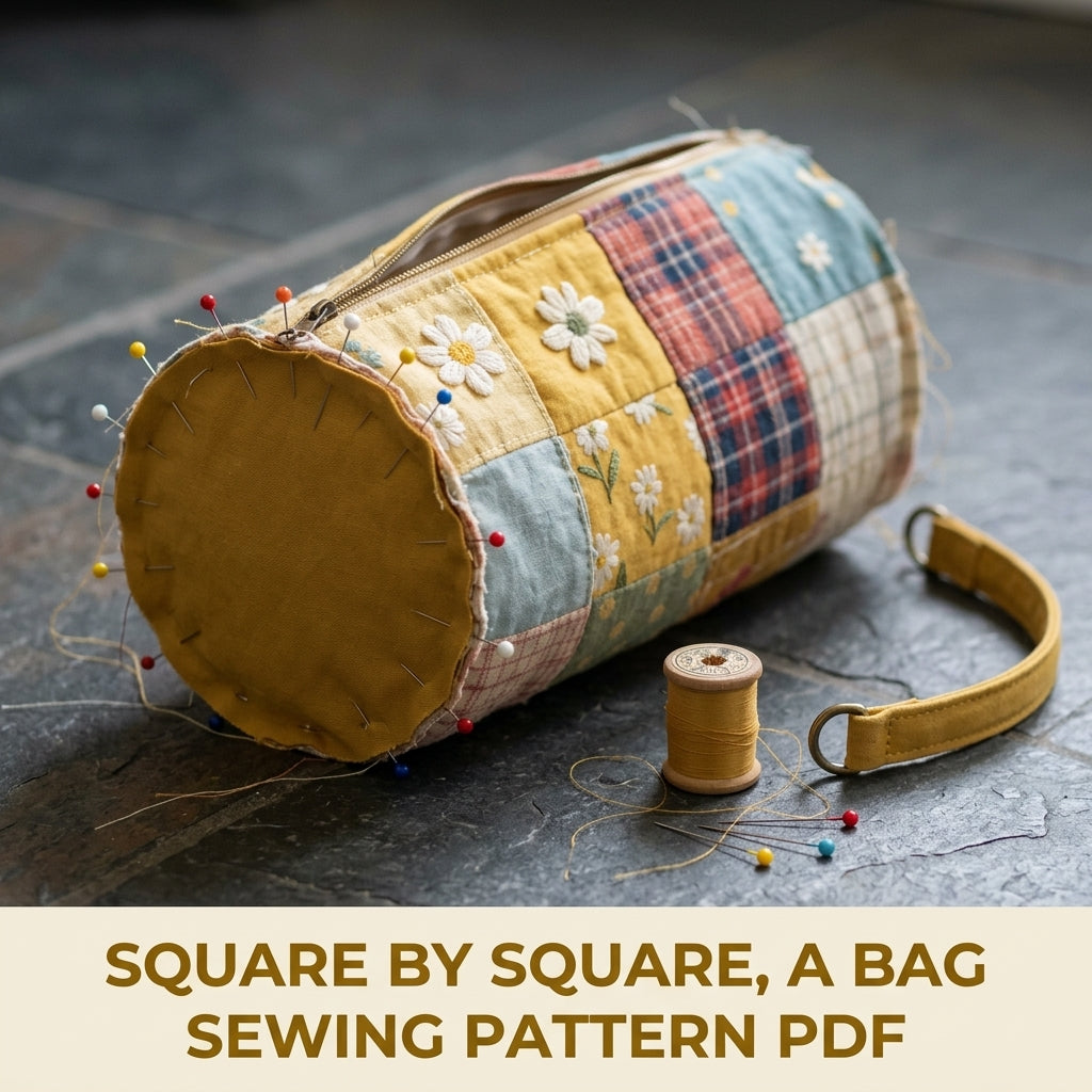 Daisy Patchwork Barrel Bag Sewing Pattern PDF – Quilted Cylinder Handbag with Zip