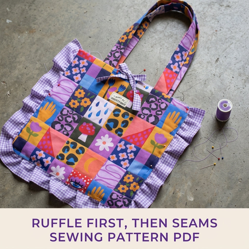 Ruffled Patchwork Print Tote Sewing Pattern PDF – Square Tote Bag with Gingham Ruffle