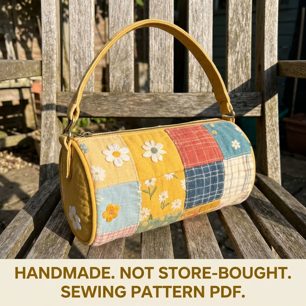 Daisy Patchwork Barrel Bag Sewing Pattern PDF – Quilted Cylinder Handbag with Zip