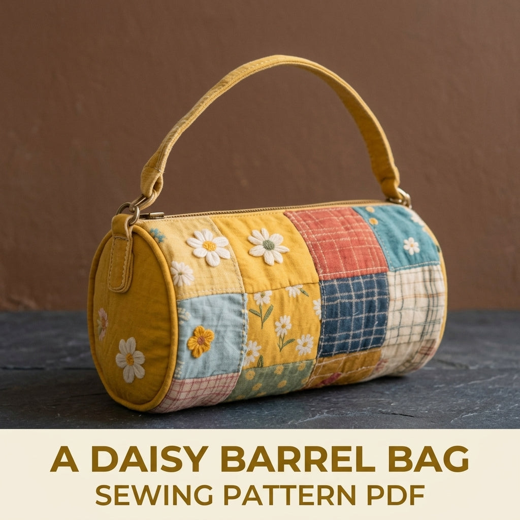 Daisy Patchwork Barrel Bag Sewing Pattern PDF – Quilted Cylinder Handbag with Zip