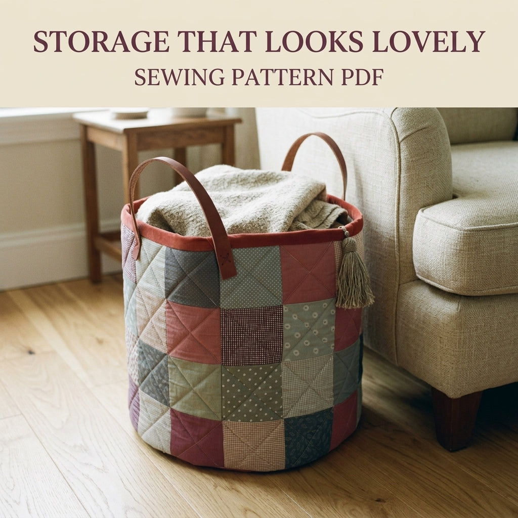 Patchwork Storage Basket Sewing Pattern PDF – Quilted Fabric Basket with Leather Handles