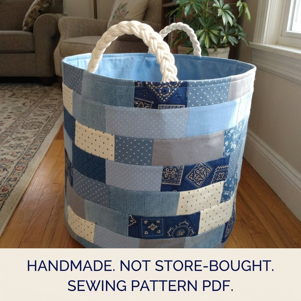 Denim Brick Patchwork Basket Sewing Pattern PDF – Upcycled Jeans Storage Bin