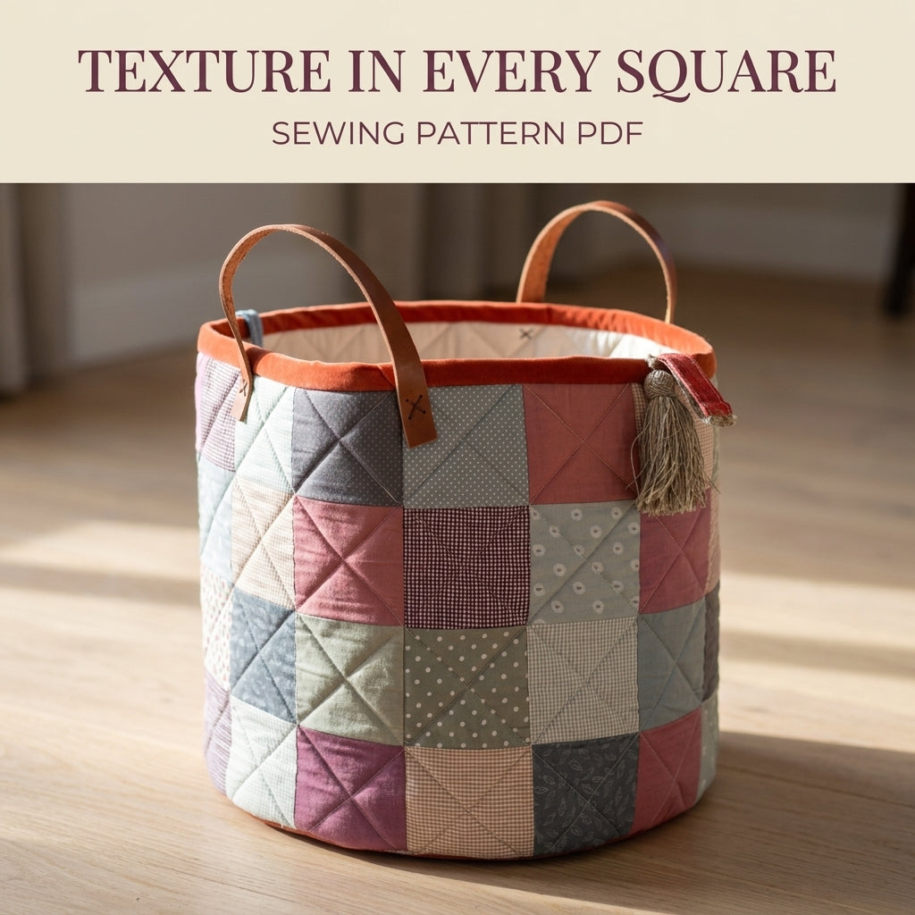 Patchwork Storage Basket Sewing Pattern PDF – Quilted Fabric Basket with Leather Handles