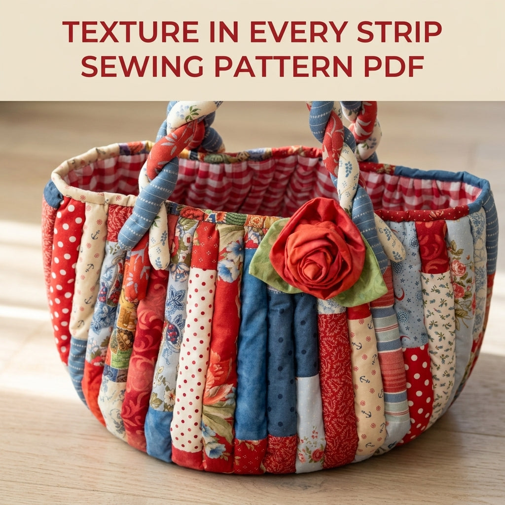 Braided Handle Strip Basket Sewing Pattern PDF – Scrappy Fabric Basket with Rose