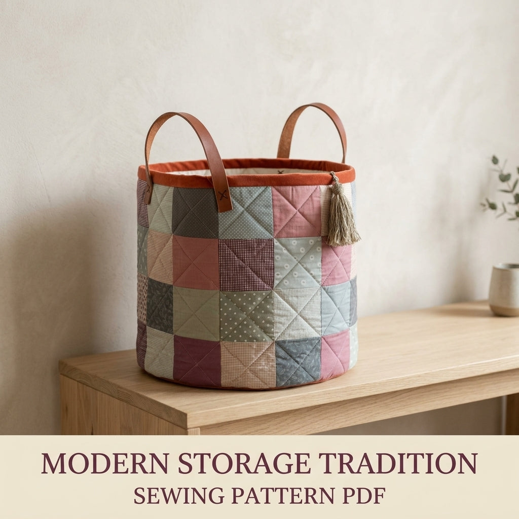 Patchwork Storage Basket Sewing Pattern PDF – Quilted Fabric Basket with Leather Handles