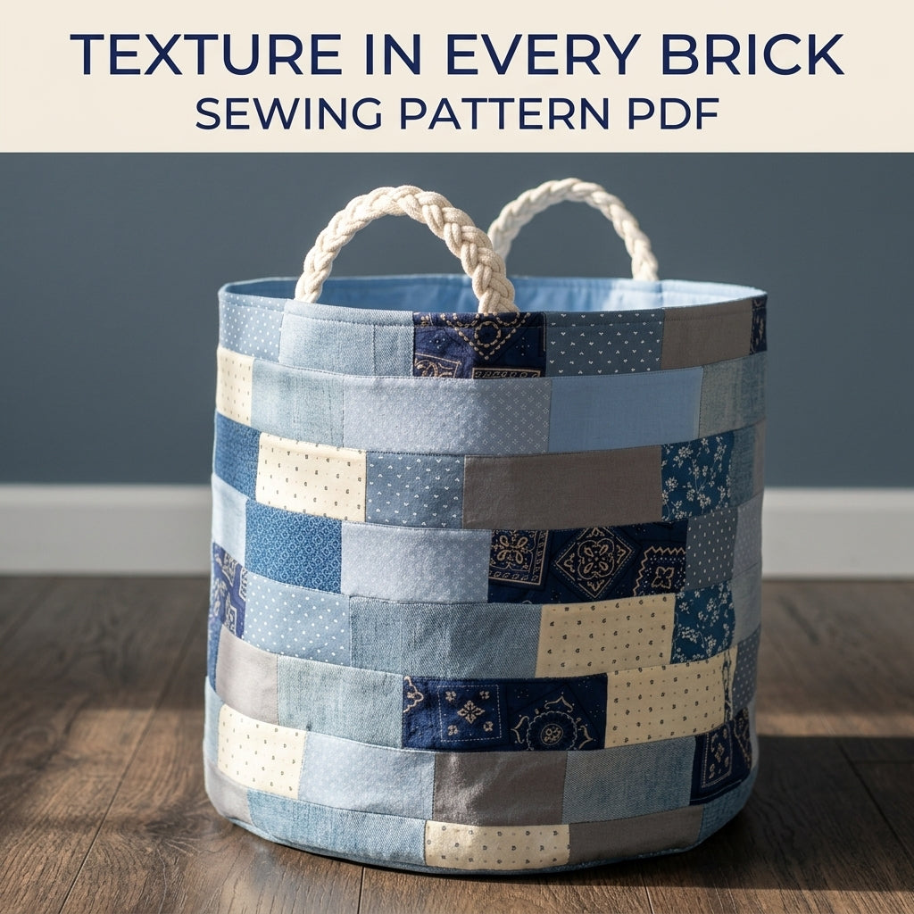 Denim Brick Patchwork Basket Sewing Pattern PDF – Upcycled Jeans Storage Bin