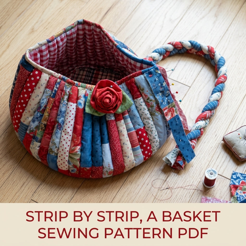 Braided Handle Strip Basket Sewing Pattern PDF – Scrappy Fabric Basket with Rose