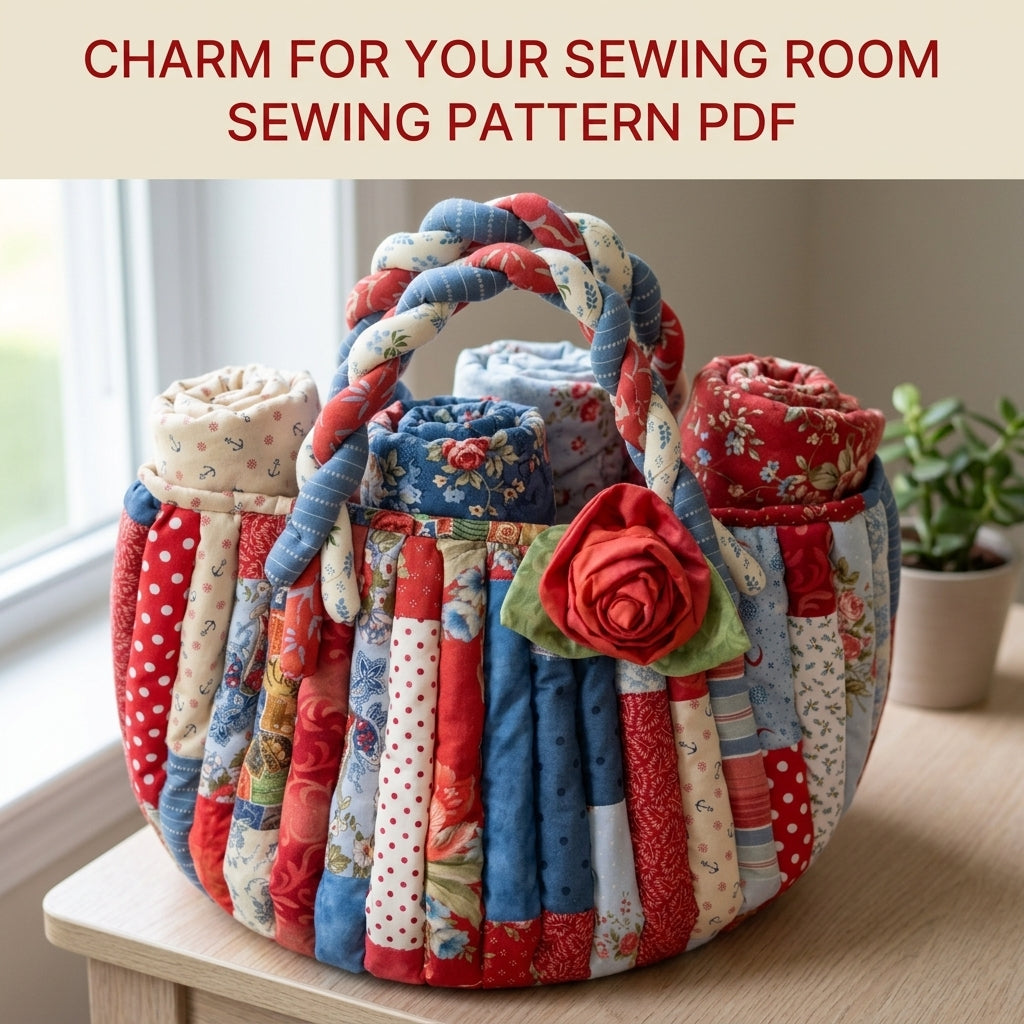 Braided Handle Strip Basket Sewing Pattern PDF – Scrappy Fabric Basket with Rose