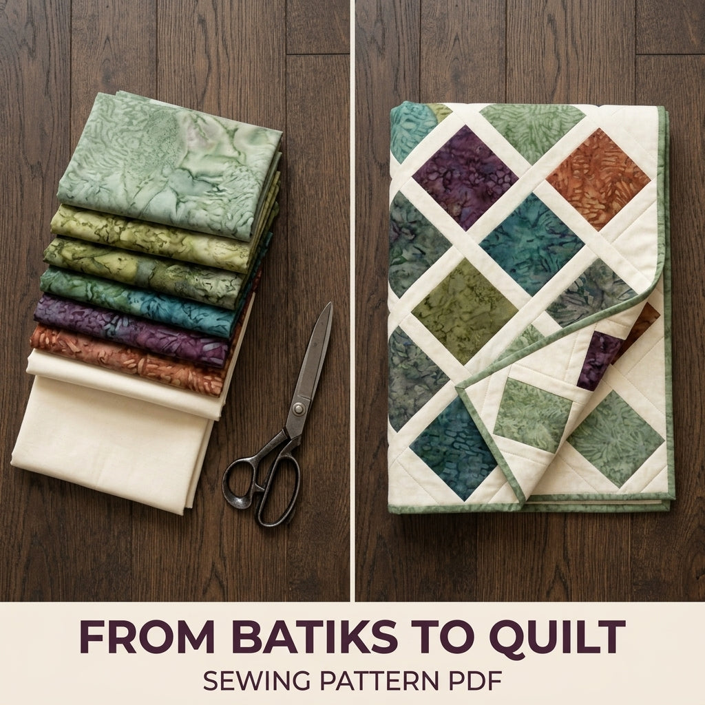 Modern Lattice Quilt Pattern PDF – Square Throw Quilt with Batik Blocks and Cream Sashing