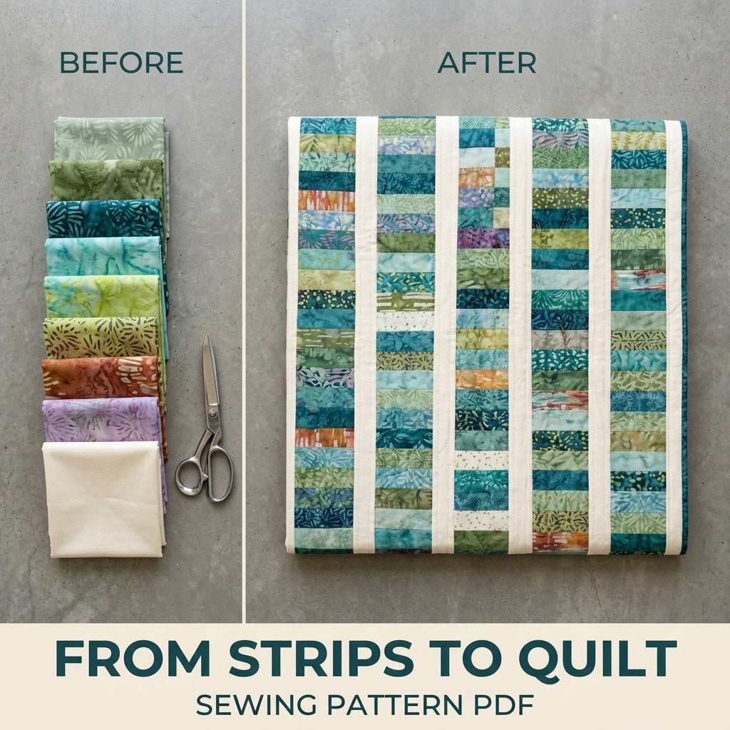 Modern Coin Stack Quilt Pattern PDF – Strip Throw Quilt with Batik Columns and Cream Sashing