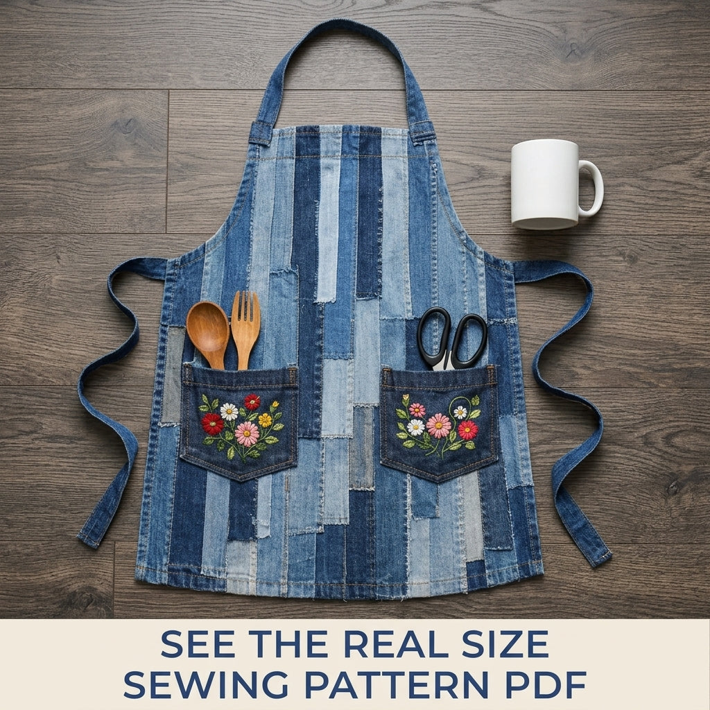 Denim Strip Patchwork Apron Sewing Pattern PDF – Upcycled Jeans Kitchen Apron