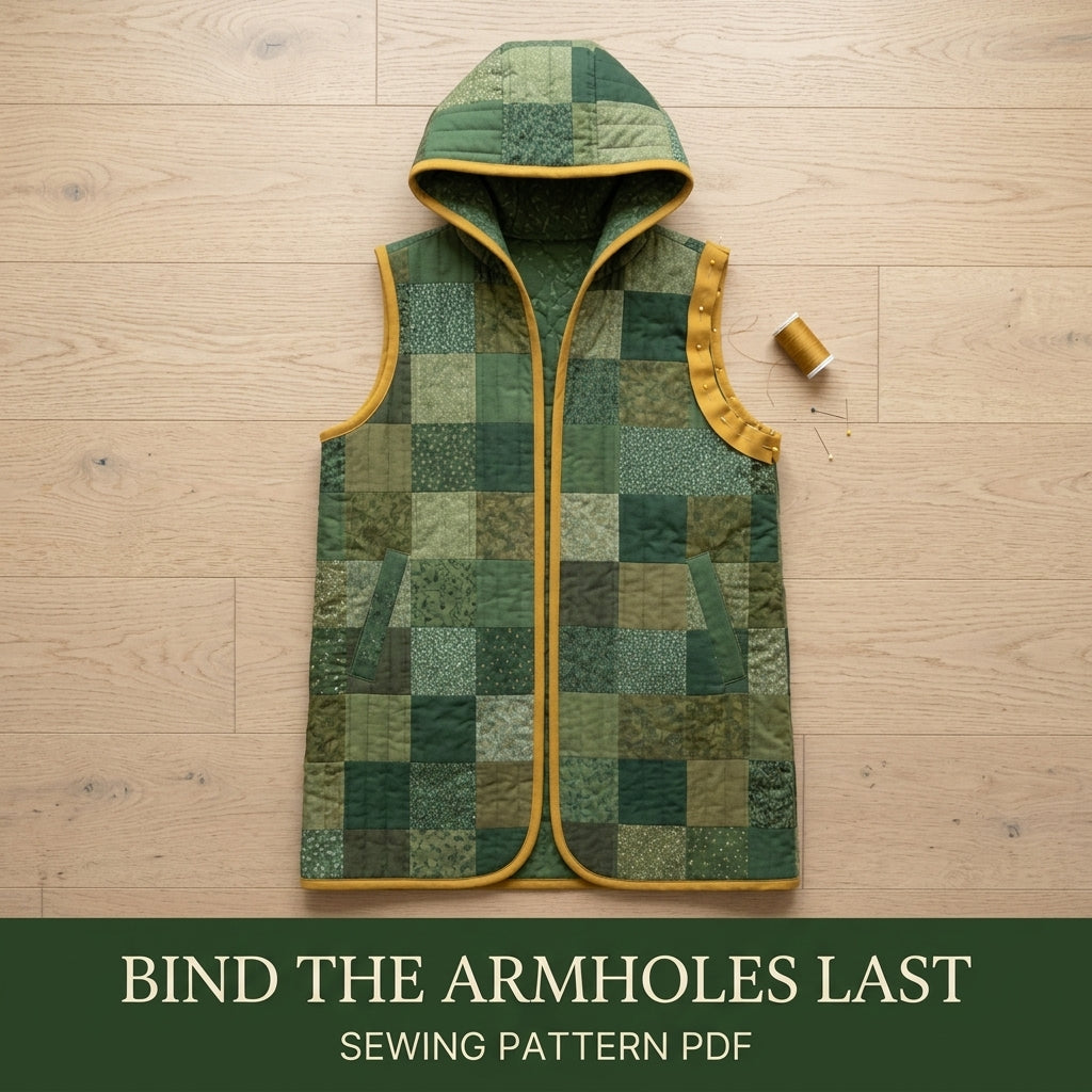 Quilted Patchwork Vest Sewing Pattern PDF – Long Hooded Quilt Vest with Pockets and Bias Binding