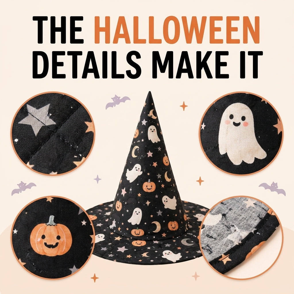 Quilted Witch Hat Table Topper PDF Sewing Pattern | Free-Standing Halloween Centrepiece with Bendy Tip | Black Cat Patchwork | Instant Download