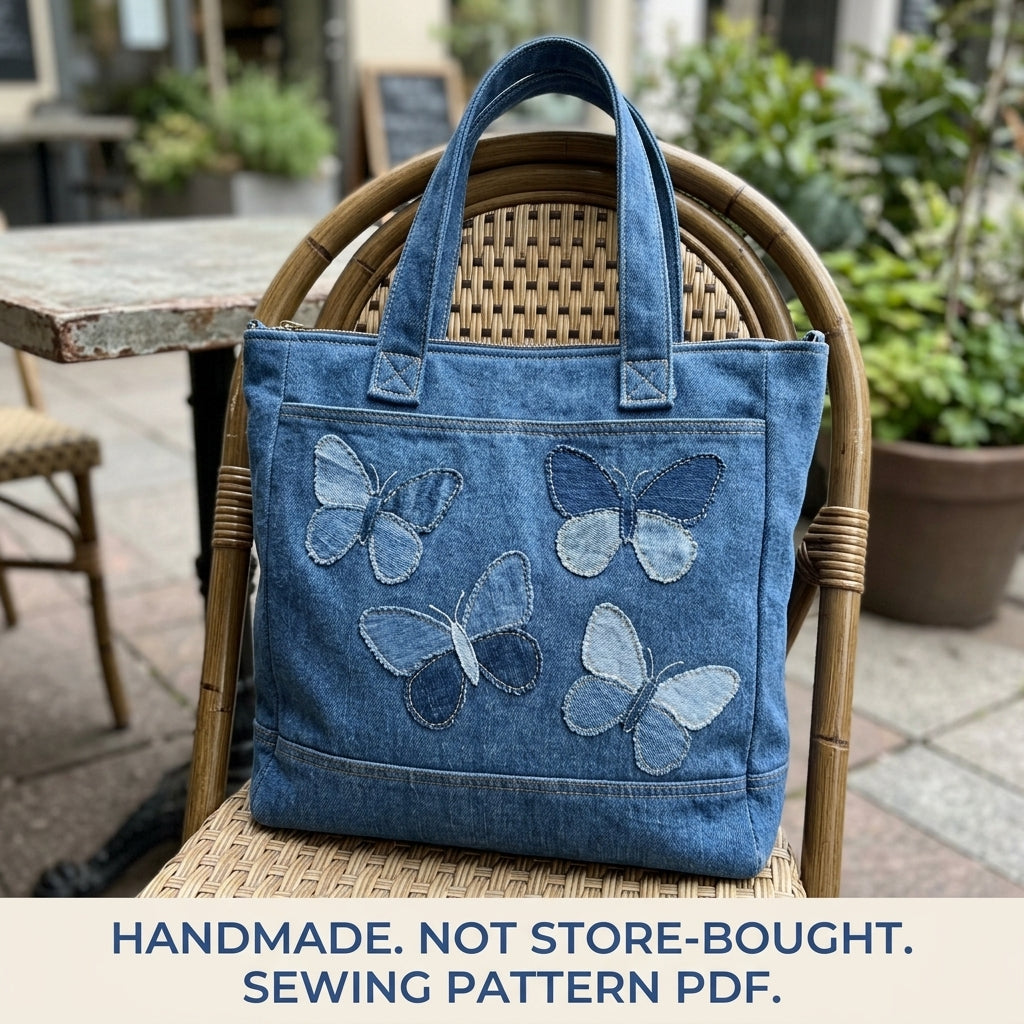 Denim Butterfly Zip Tote Sewing Pattern PDF – Upcycled Jeans Bag with Butterfly Appliqué