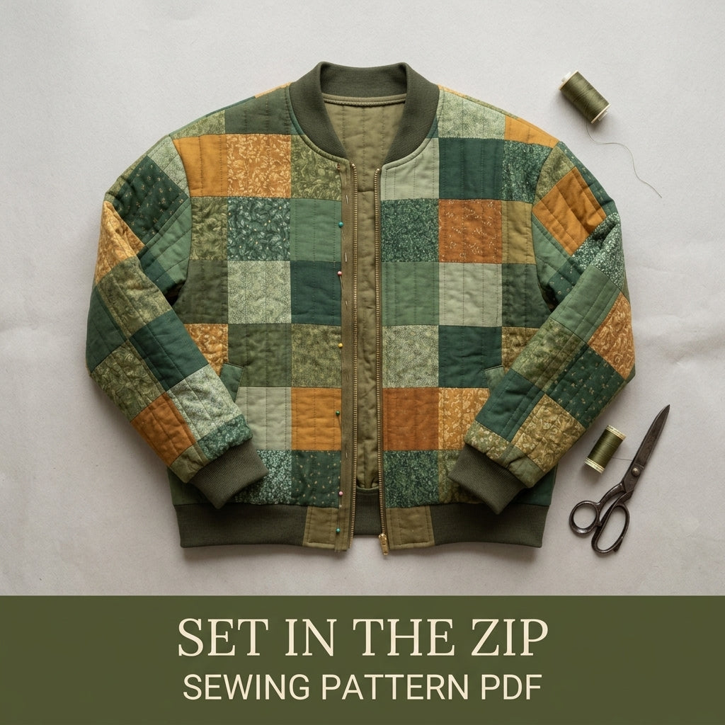 Quilted Bomber Jacket Sewing Pattern PDF – Patchwork Quilt Bomber with Zip and Rib Knit Trim