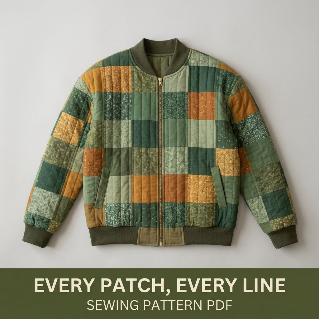 Quilted Bomber Jacket Sewing Pattern PDF – Patchwork Quilt Bomber with Zip and Rib Knit Trim