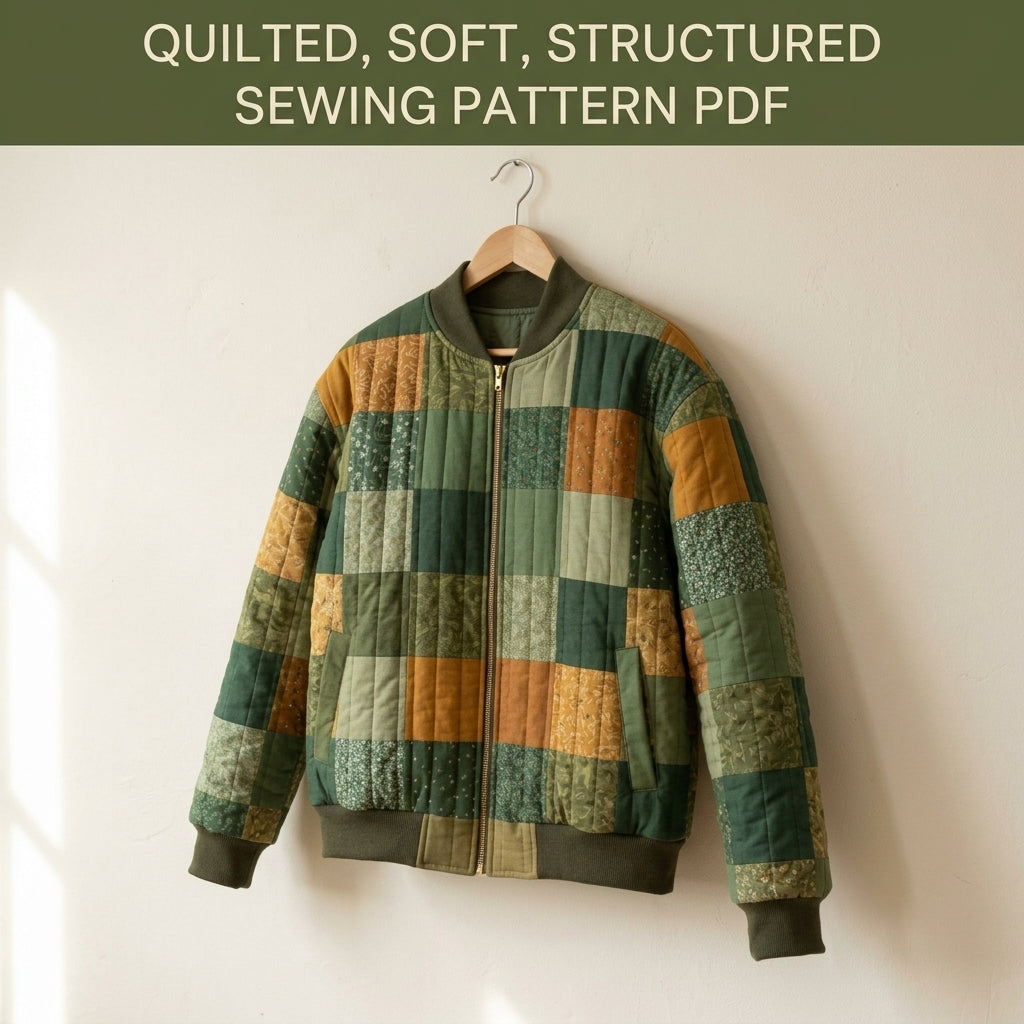 Quilted Bomber Jacket Sewing Pattern PDF – Patchwork Quilt Bomber with Zip and Rib Knit Trim