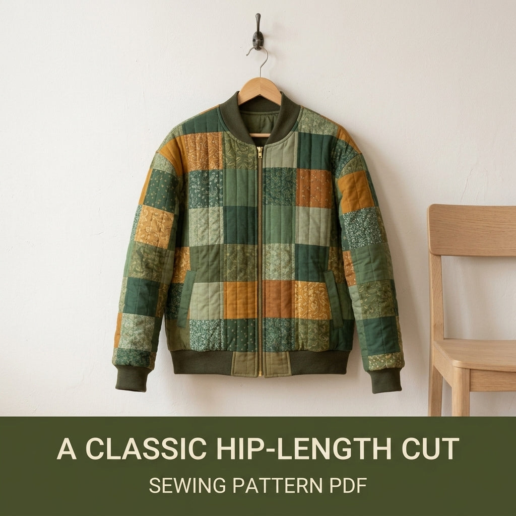 Quilted Bomber Jacket Sewing Pattern PDF – Patchwork Quilt Bomber with Zip and Rib Knit Trim