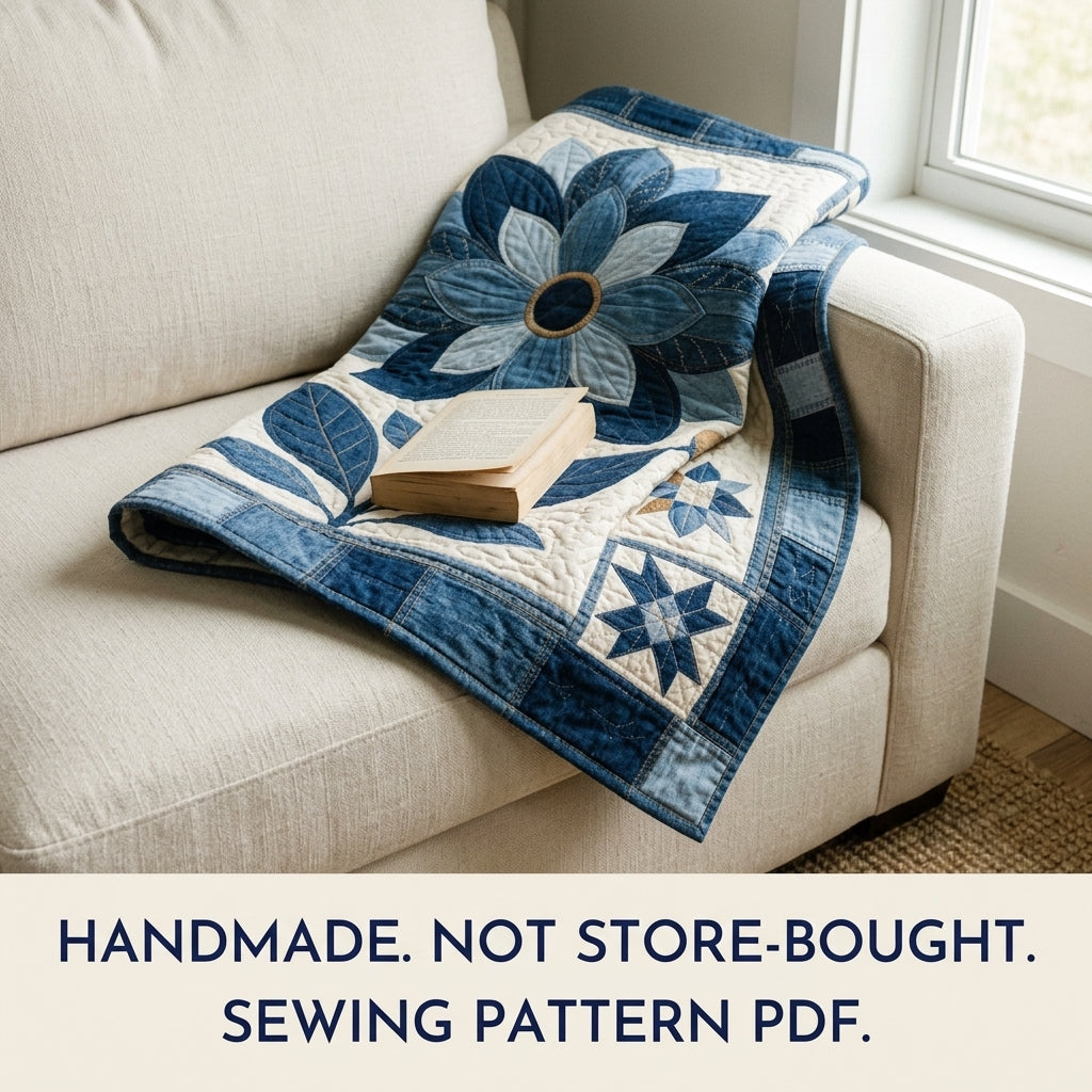Denim Flower Medallion Quilt Sewing Pattern PDF – Upcycled Jeans Appliqué Quilt