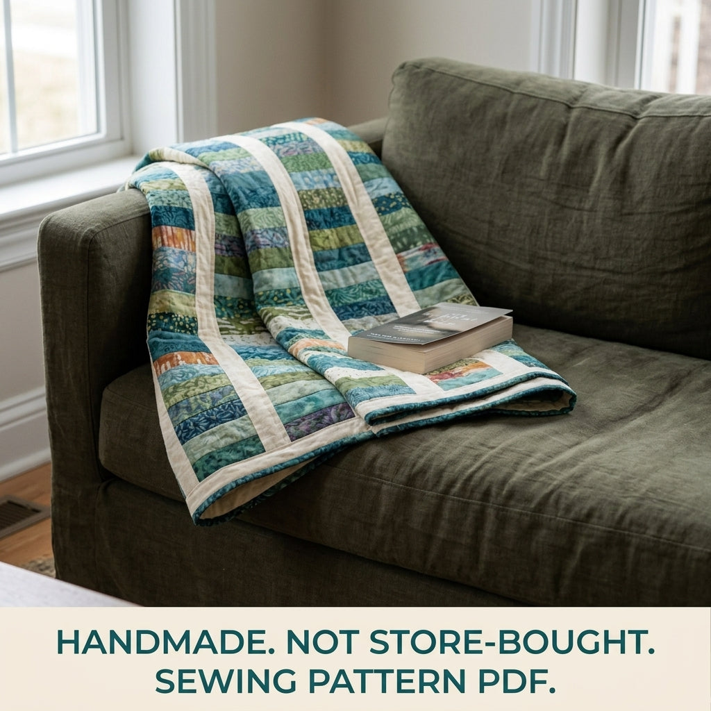 Modern Coin Stack Quilt Pattern PDF – Strip Throw Quilt with Batik Columns and Cream Sashing