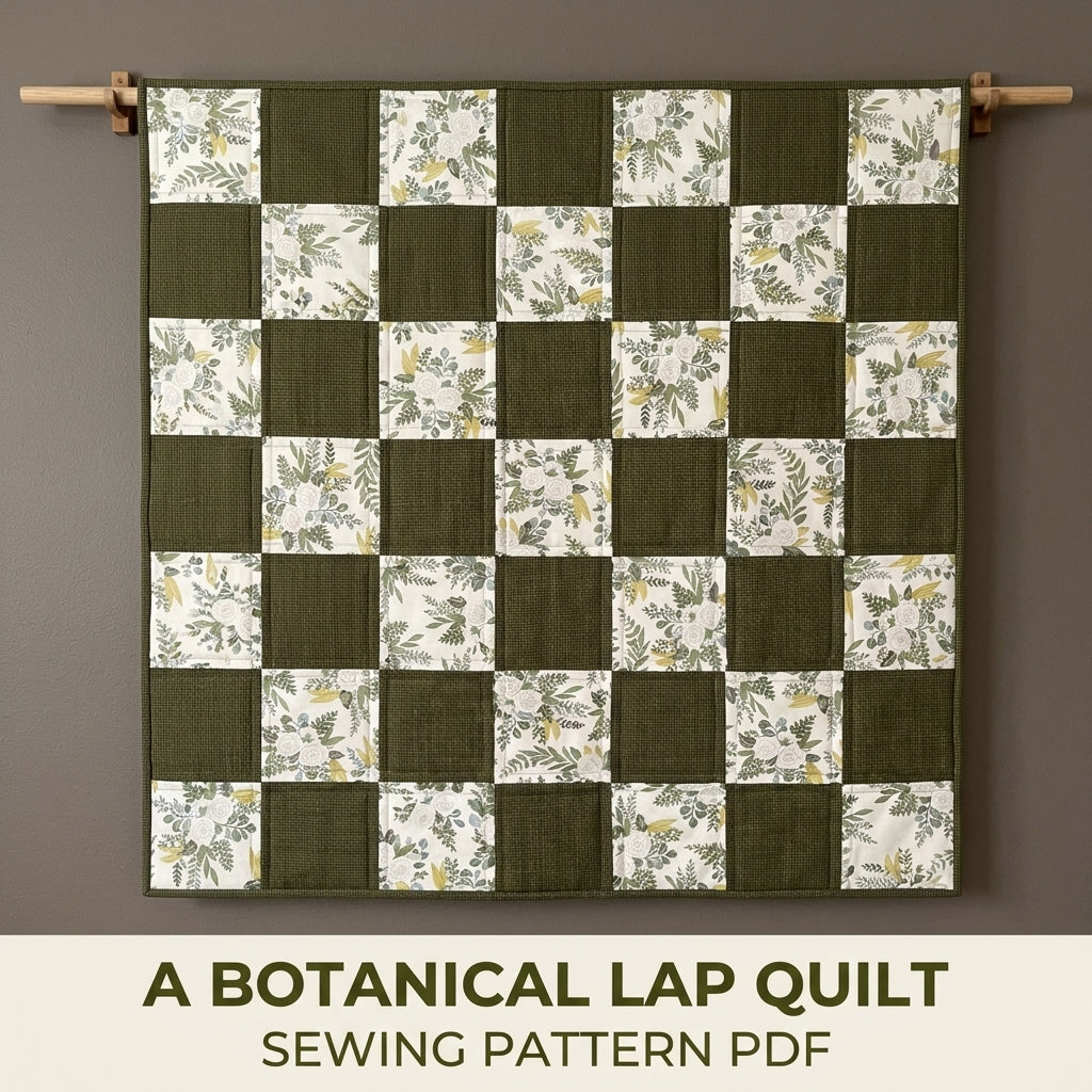 Olive Botanical Checkerboard Lap Quilt Sewing Pattern PDF – Easy Two Fabric Quilt