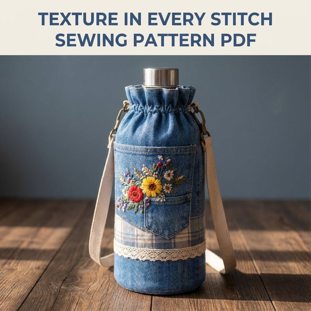 Embroidered Pocket Bottle Bag Sewing Pattern PDF – Upcycled Jeans Bottle Holder