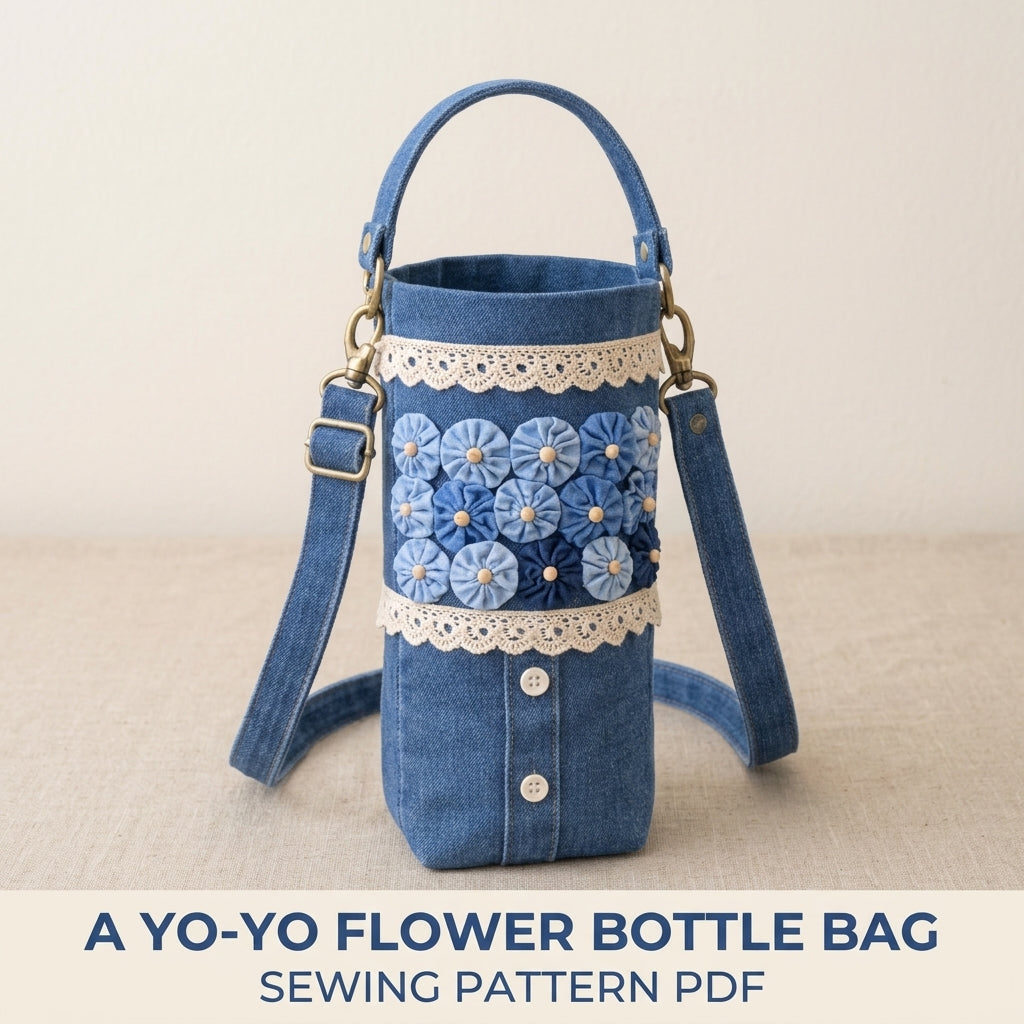 Yo-Yo Flower Denim Bottle Bag Sewing Pattern PDF – Crossbody Water Bottle Holder