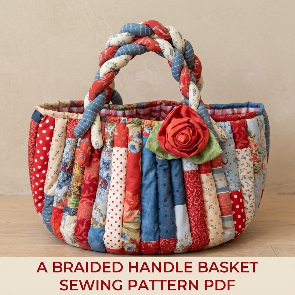 Braided Handle Strip Basket Sewing Pattern PDF – Scrappy Fabric Basket with Rose