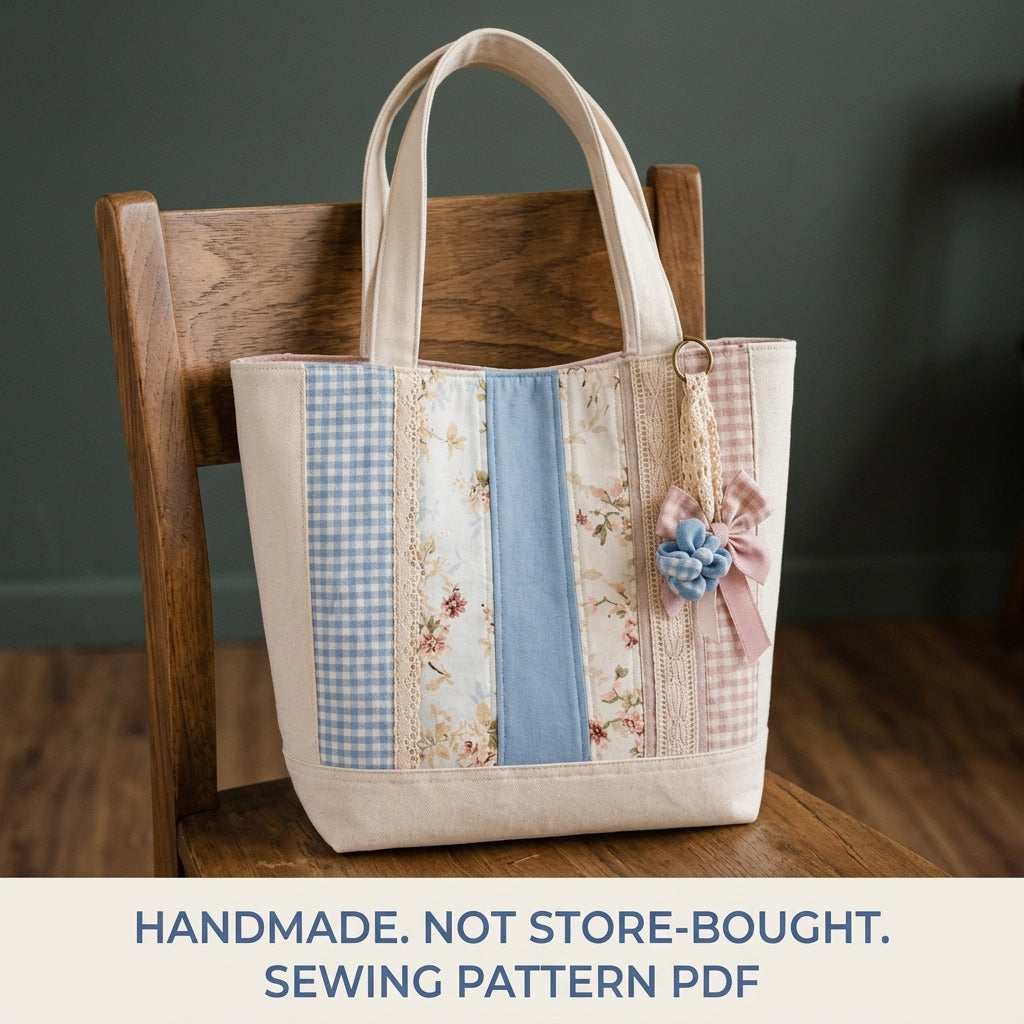 Lace Strip Patchwork Tote Sewing Pattern PDF – Cottage Tote with Gingham and Florals